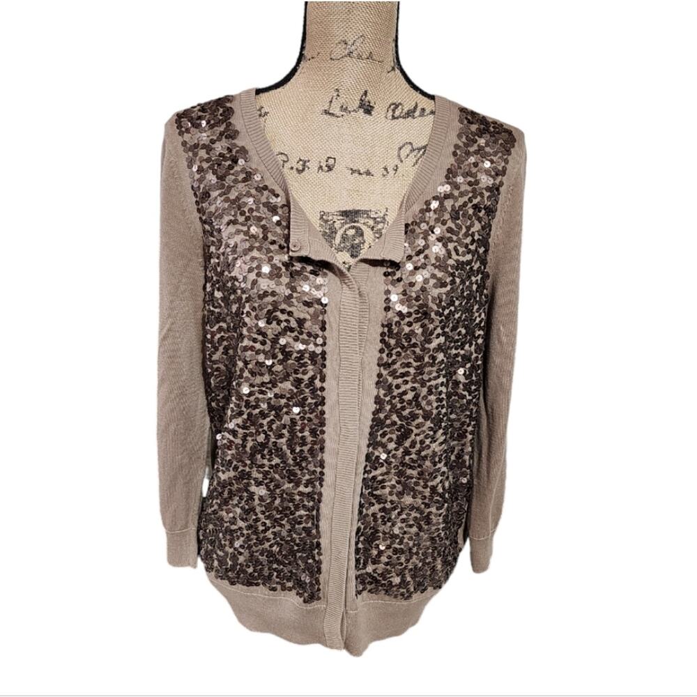 Talbots Beige Rose Gold Sequin Cardigan Sweater Size XL